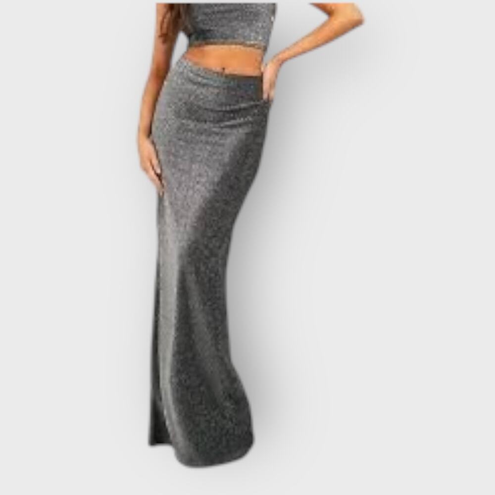 Boohoo Black Glitter Maxi Skirt Size 6 Low Rise Longline Fitted Pull On Y2K
